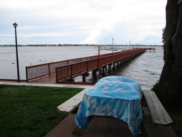 EASY SHEET - Aqua Blue Tie Dye -On table next to Intercoastal water